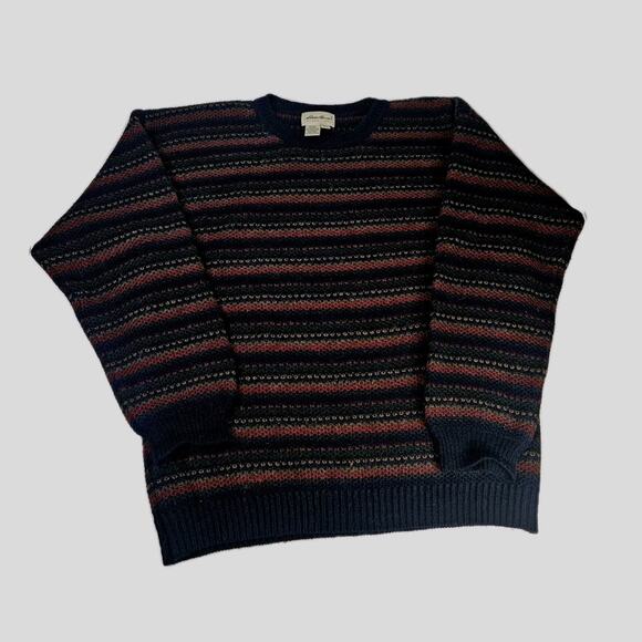 VTG EDDIE BAUER Blue Red Green Wool Sweater Jumper Pull Over Stripes Large - Picture 1 of 10